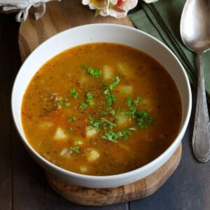 Czech goulash soup - gulášová polévka served in a bowl.