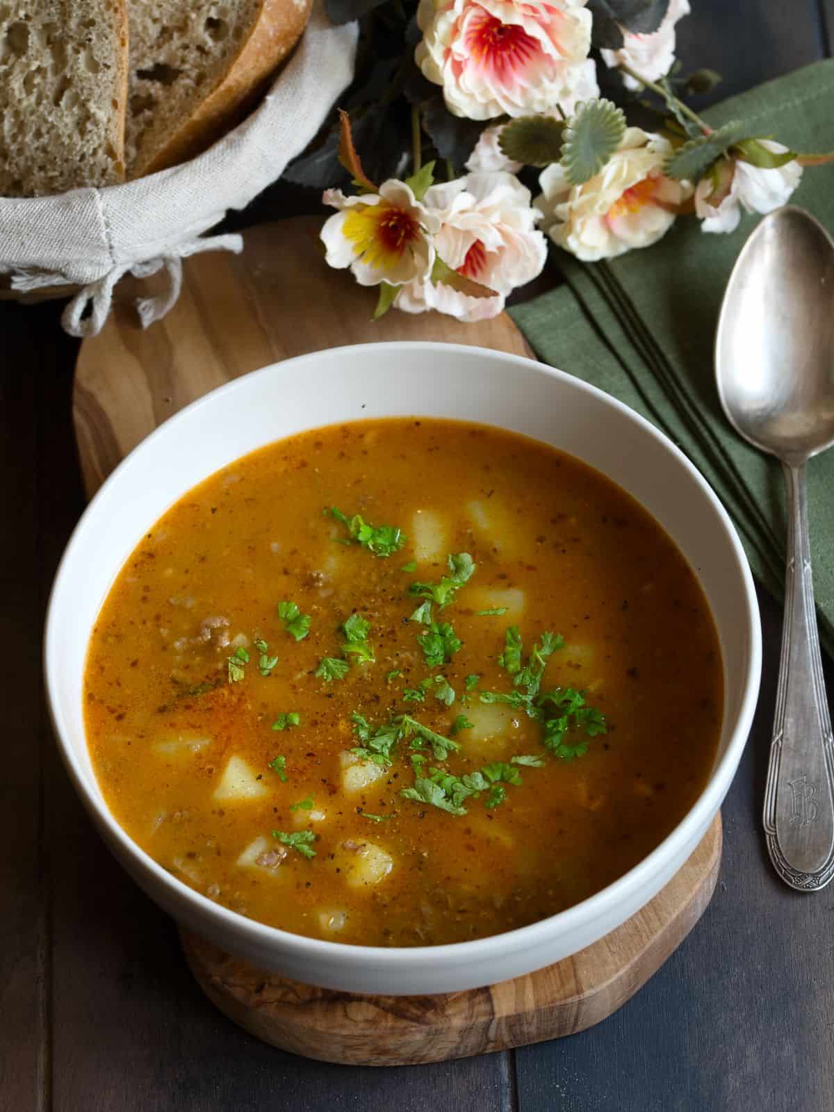 Czech goulash soup - gulášová polévka served in a bowl.