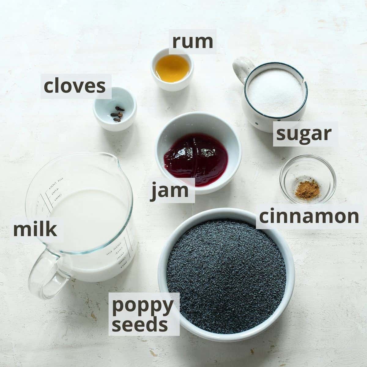 Labeled ingredients for poppy seed filling.