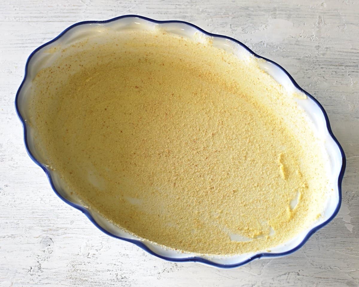 baking pan dusted with bread crumbs