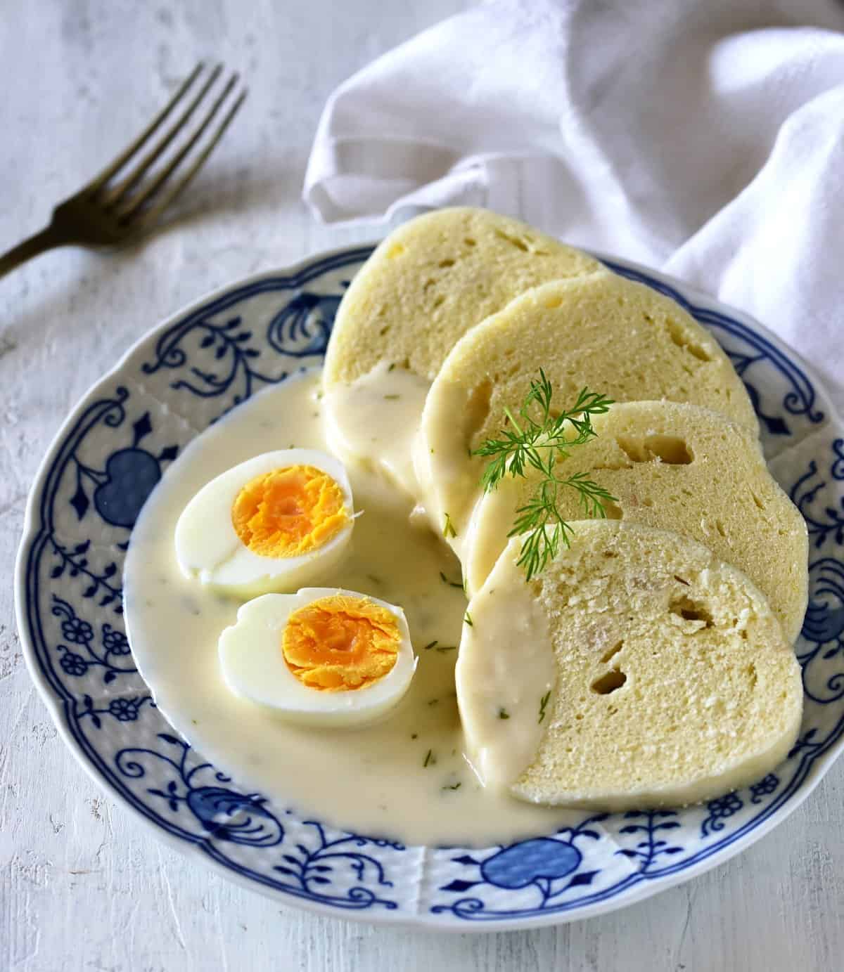 Czech koprová omáčka with eggs and bread dumplings