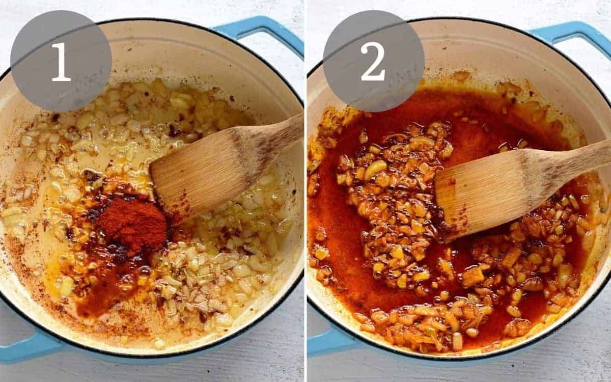 frying onion with sweet red paprika