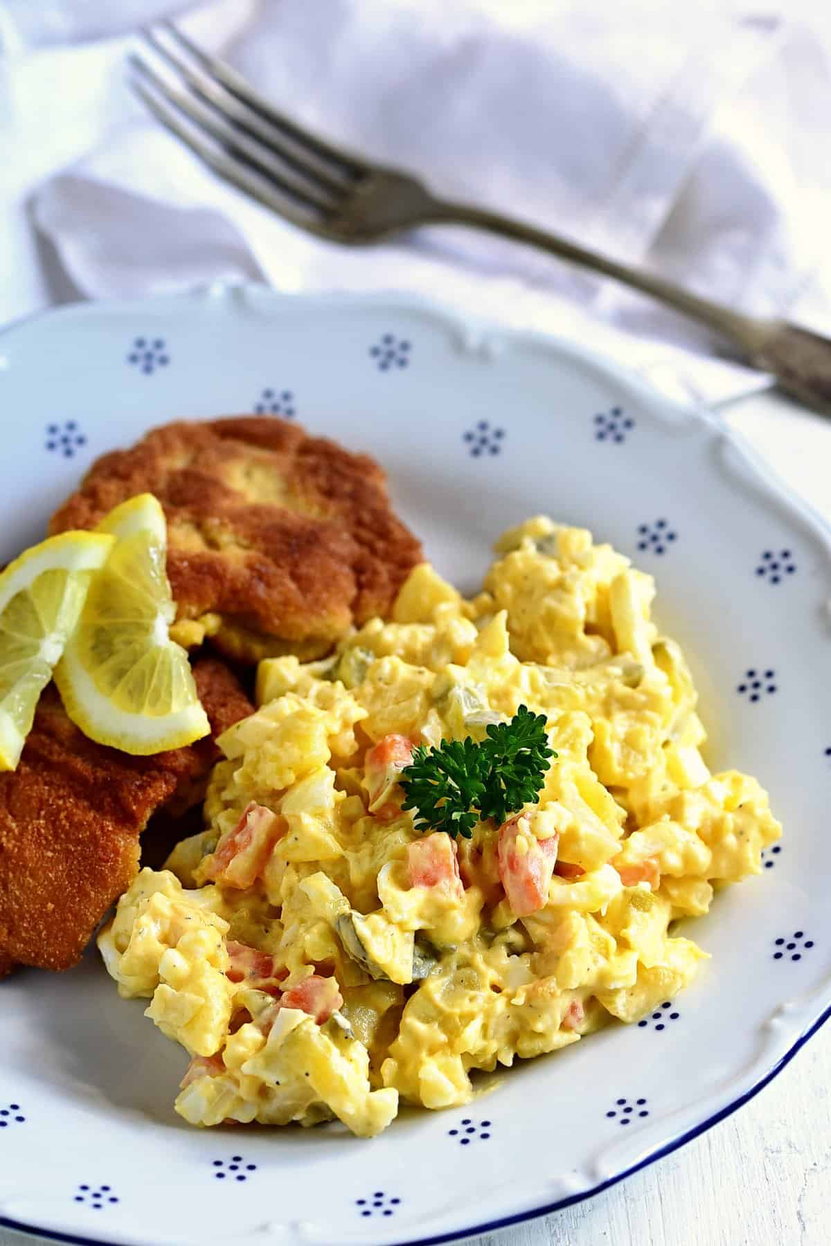 Czech potato salad served with řízek (schnitzel)