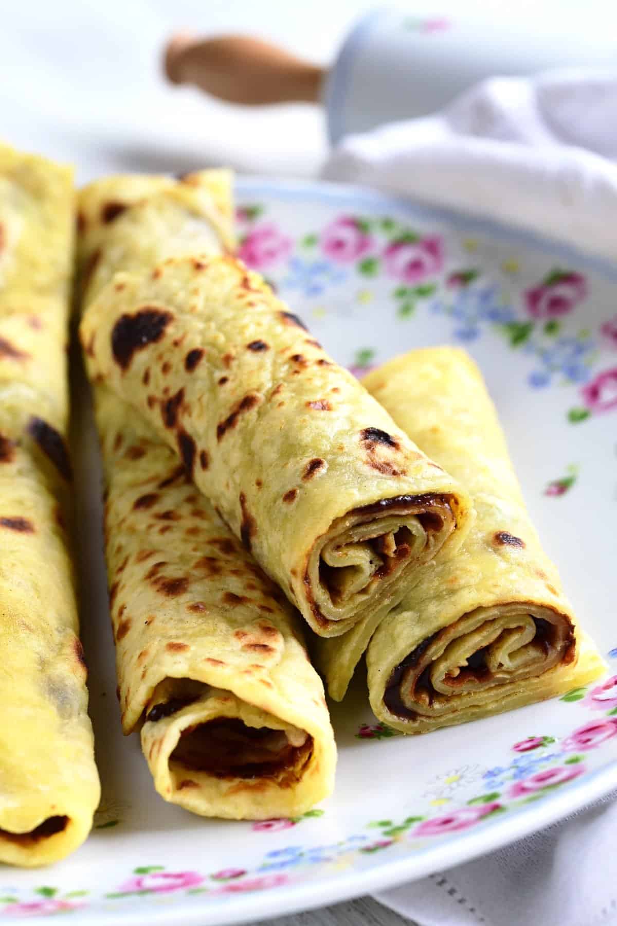 lokše slovakian potato flatbread spread with jam and rolled up