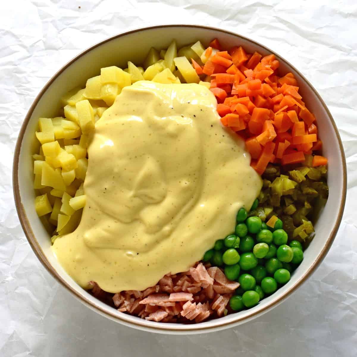 czech mayo deli salad - vlašský salát preparation