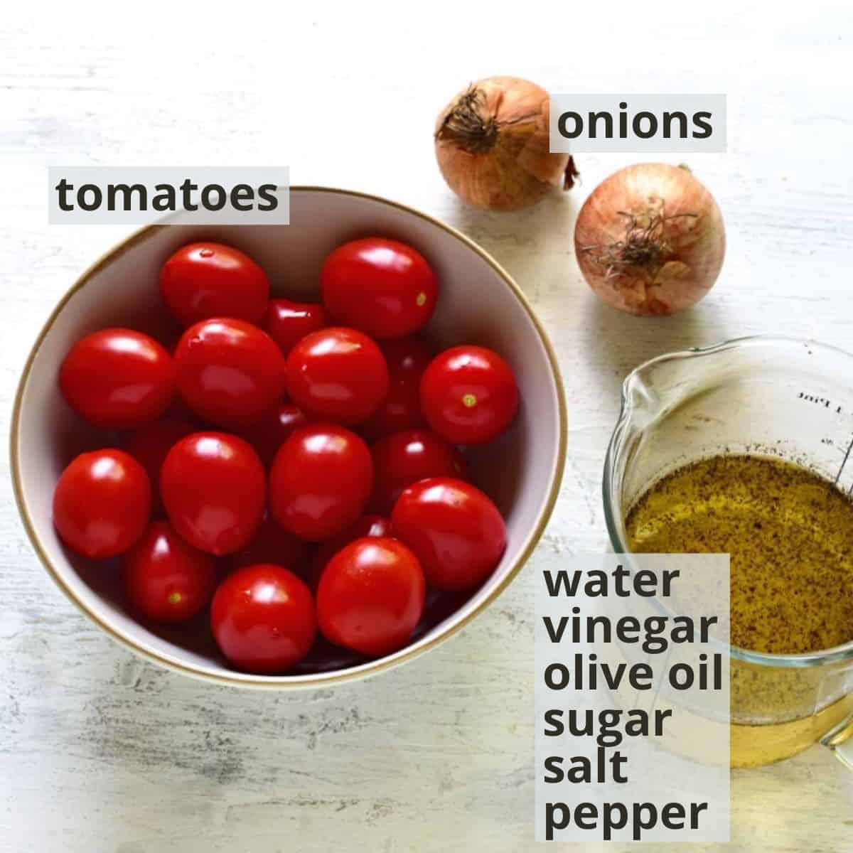 Labeled ingredients for Czech tomato salad.