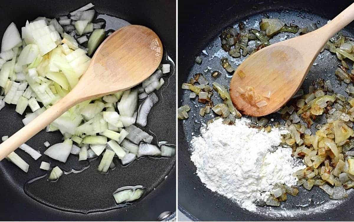 Making roux with onions in a pan.