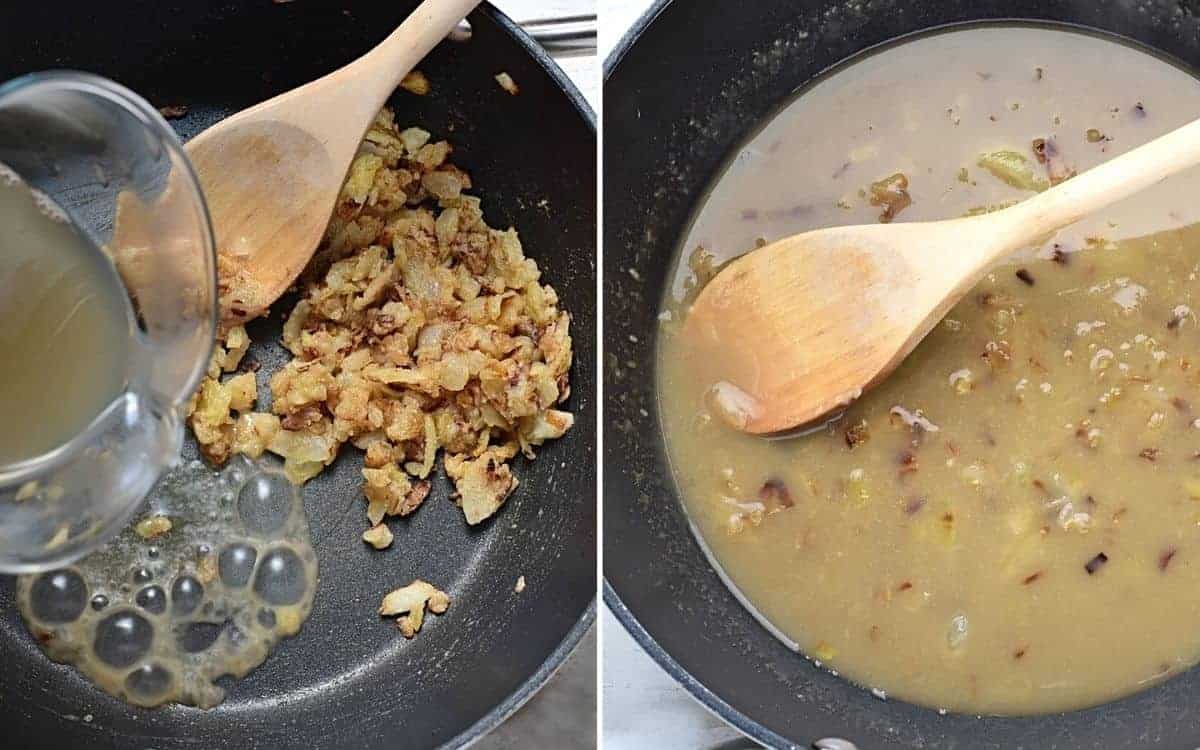 Making roux with onions in a pan.