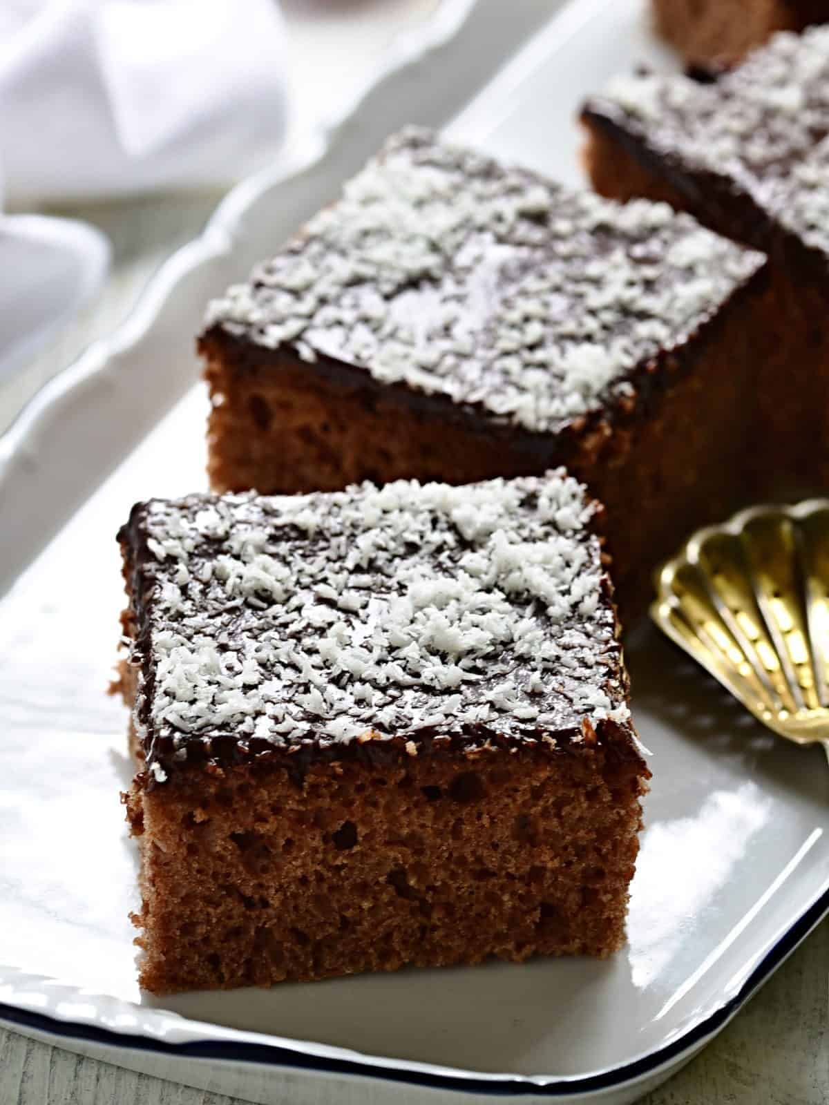 Buttermilk sheet cake served on a plate.