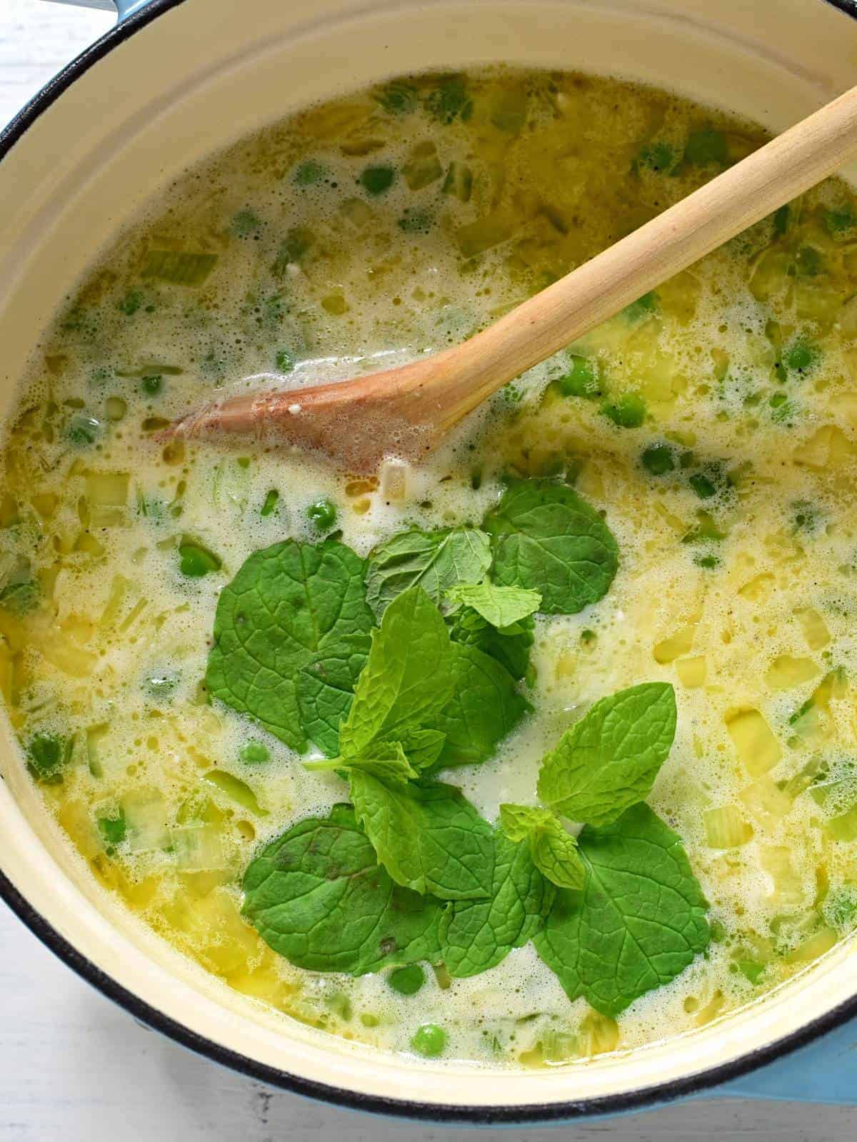 Adding fresh mint leaves into pea soup.