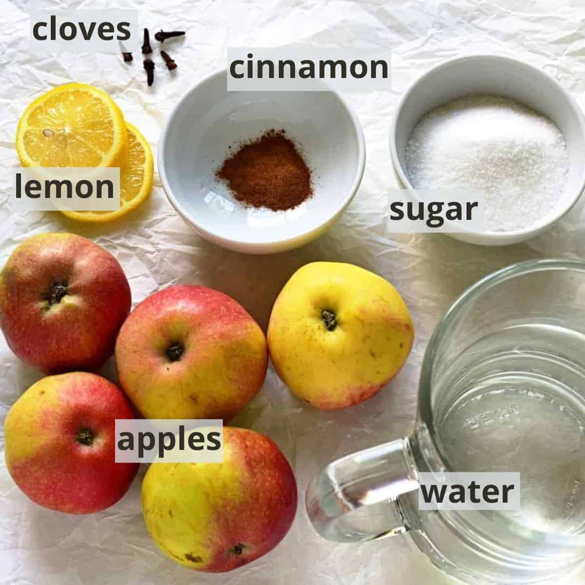 Labeled ingredients for apple compote.