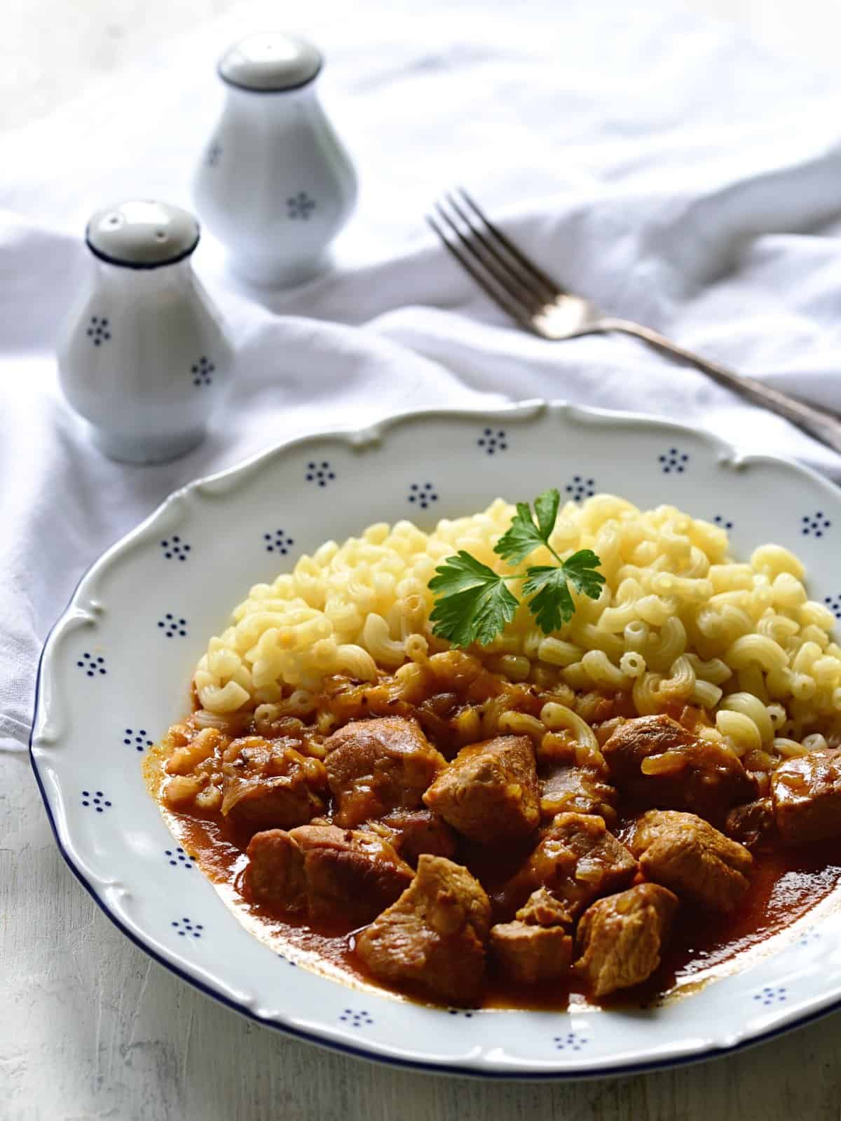 pork goulash served with elbow pasta