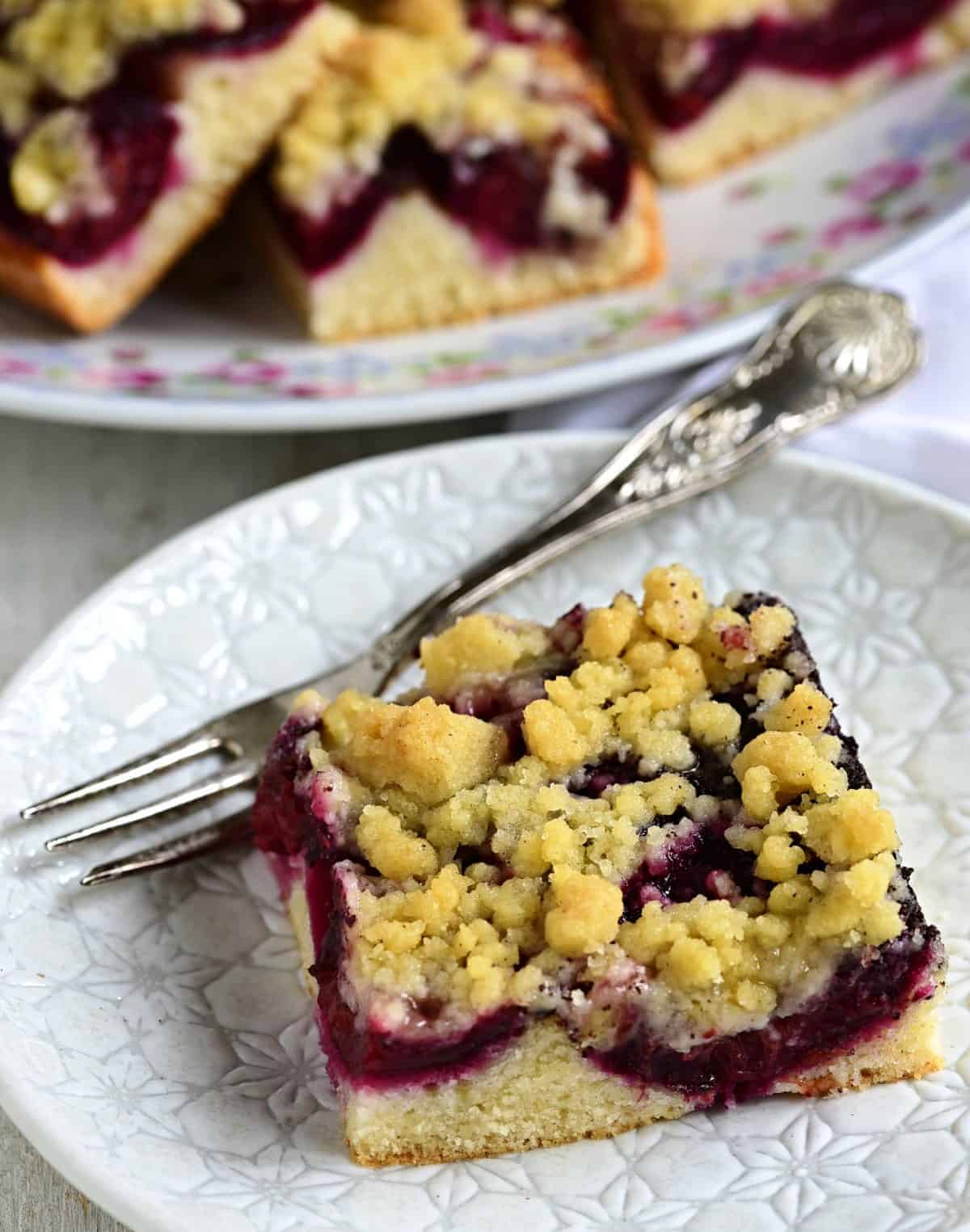Zwetschgenkuchen served on a plate.