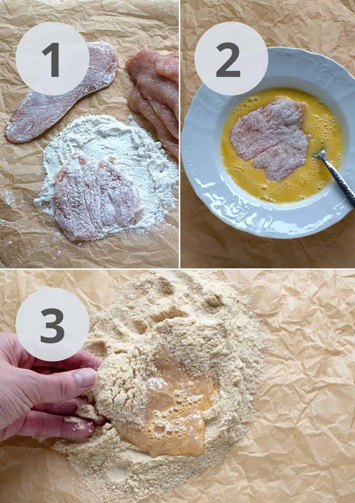 Making chicken schnitzel - coated in flour, egg, breadcrumbs.