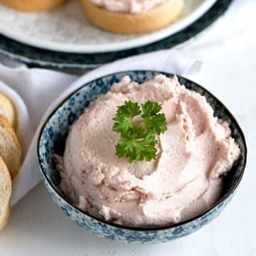 Ham spread served in a bowl.