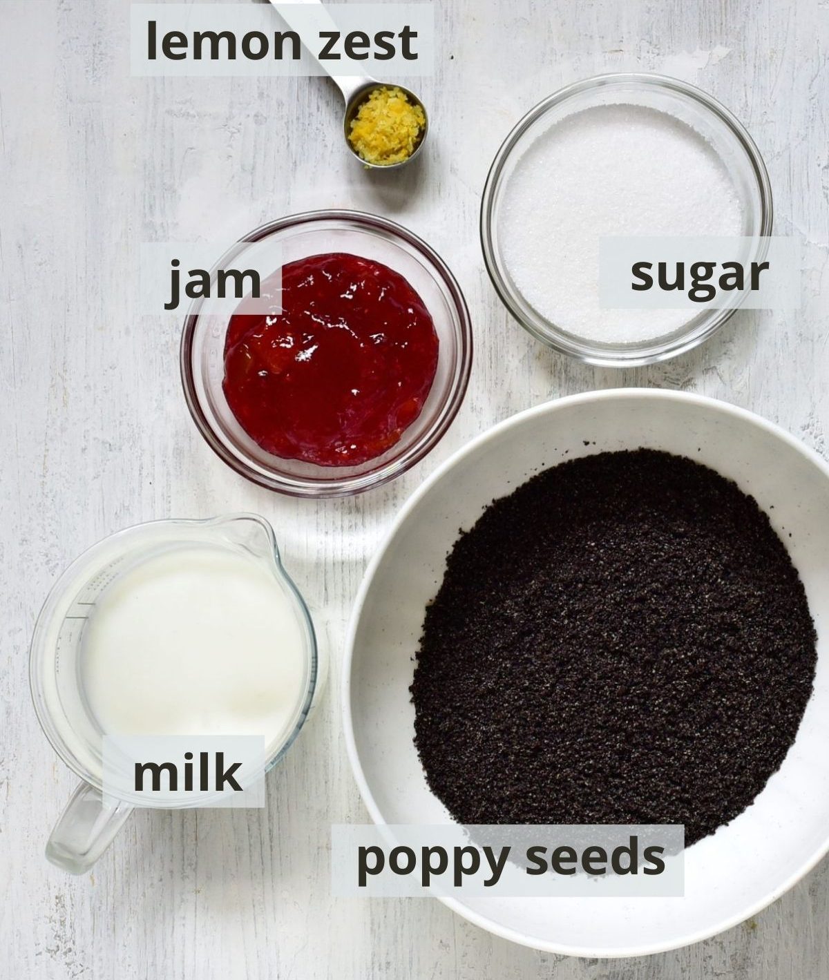 Ingredients for homemade poppyseed filling.