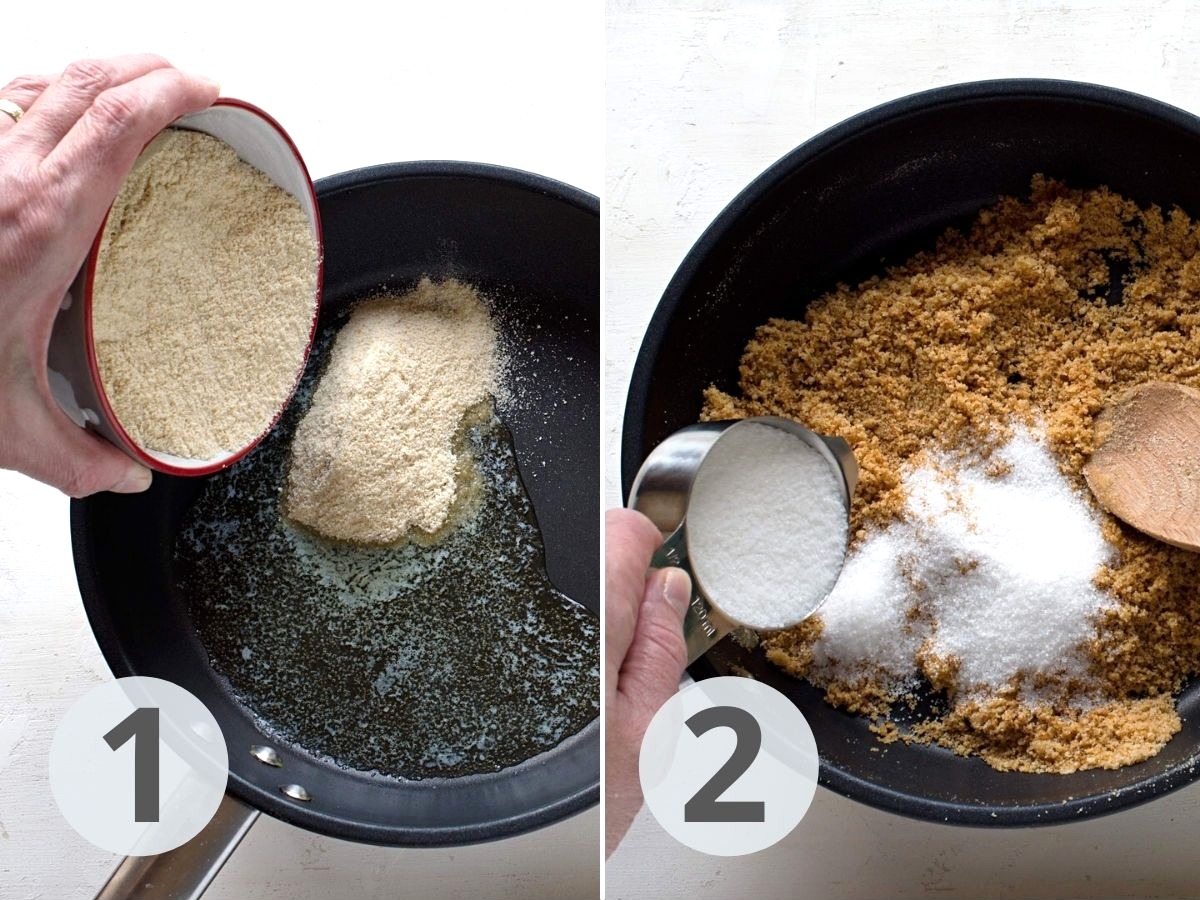 Frying breadcrumbs with sugar. 