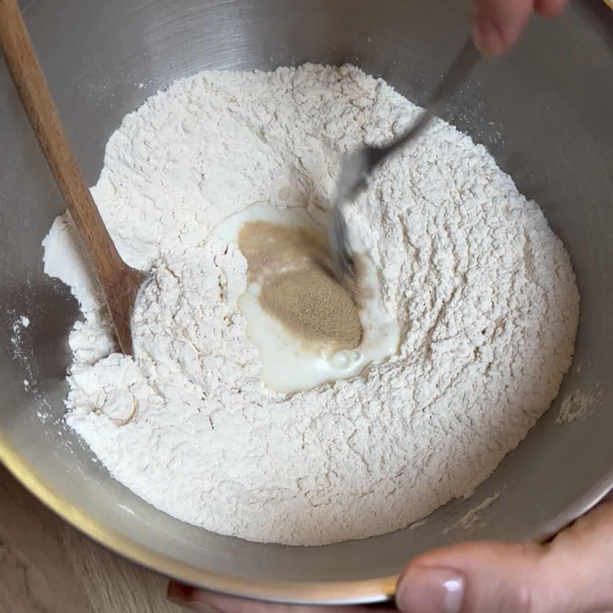 Making yeast starter in a bowl.