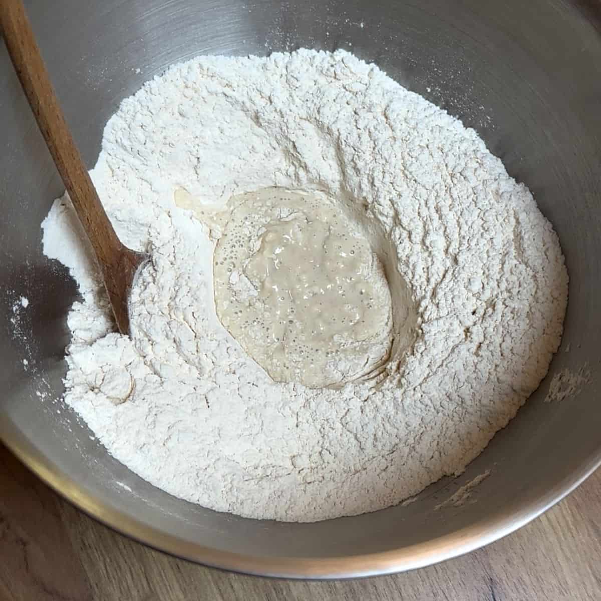 Making yeast starter in a bowl.