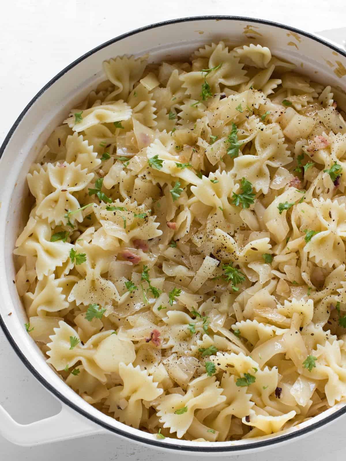 Haluski made with fried cabbage and bow tie pasta.
