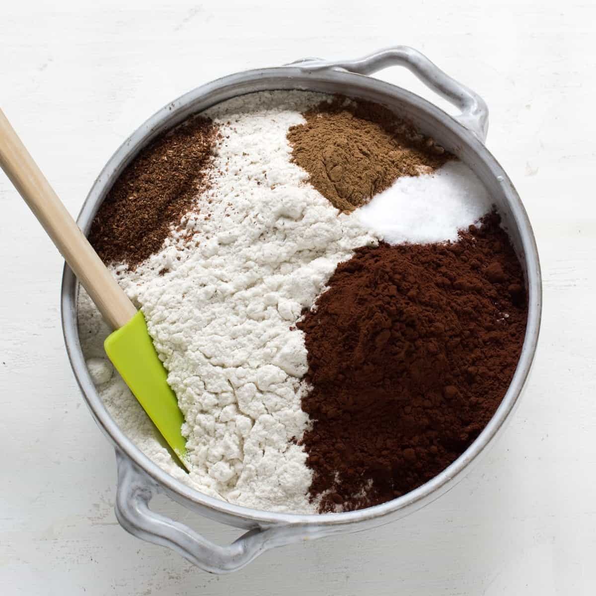 Dry ingredients for spiced sheet cake.