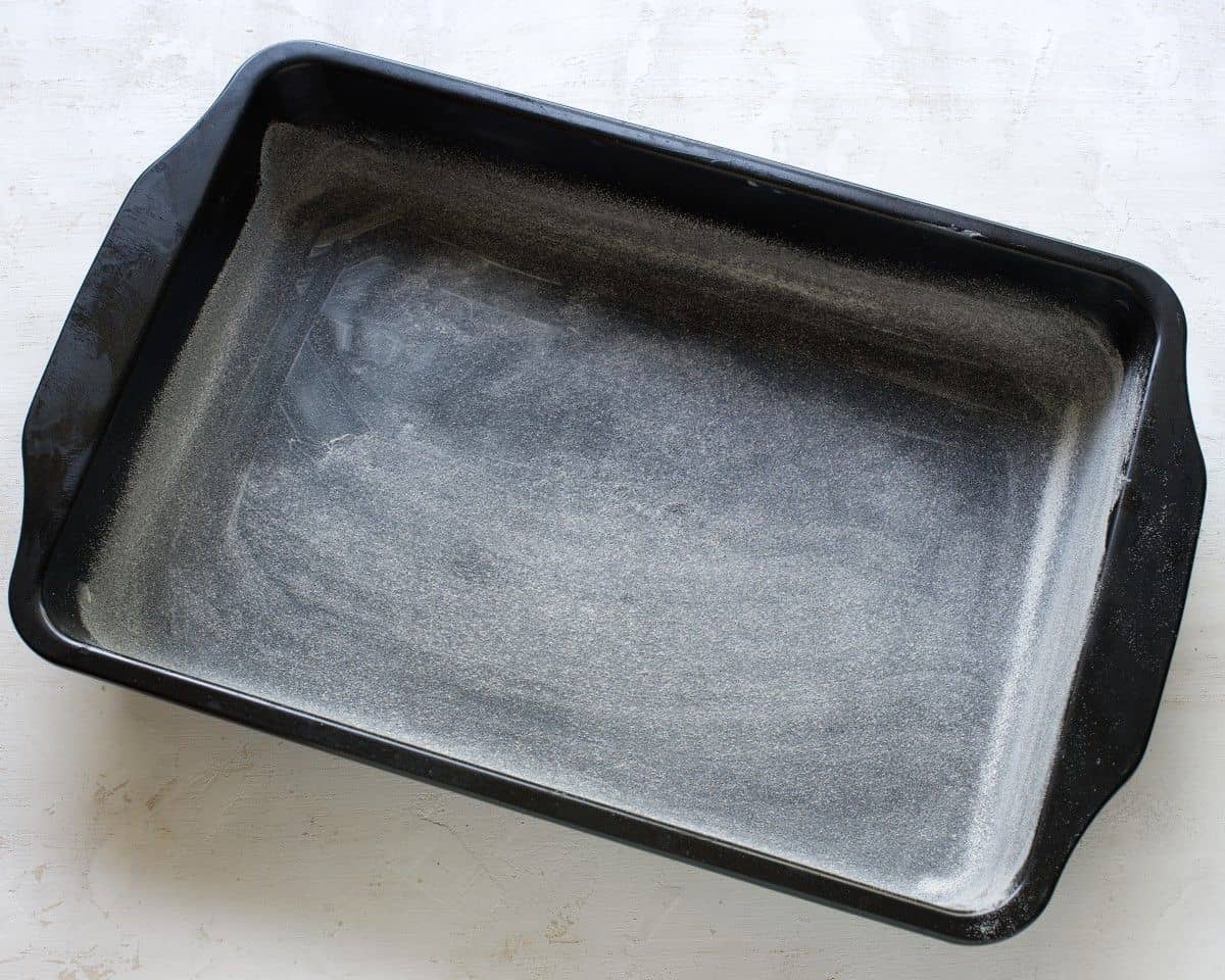 Prepared baking dish - greased and floured.