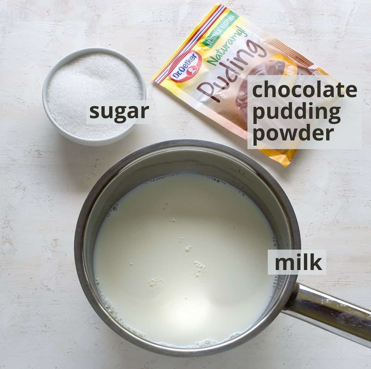 Ingredients to make cooked chocolate pudding with milk, including captions.