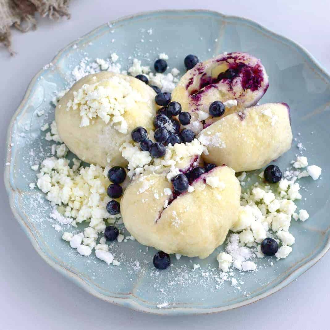 Czech fruit dumplings with blueberries.