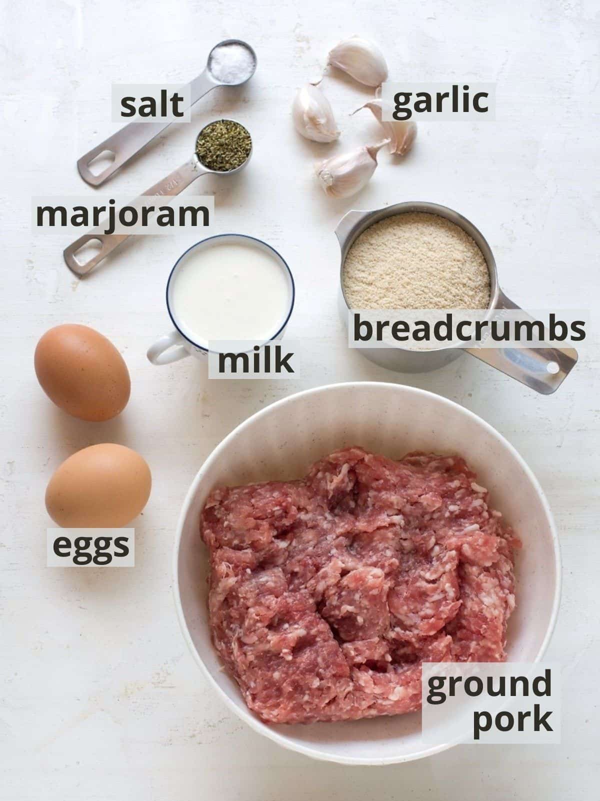 Pork meatloaf ingredients with captions.