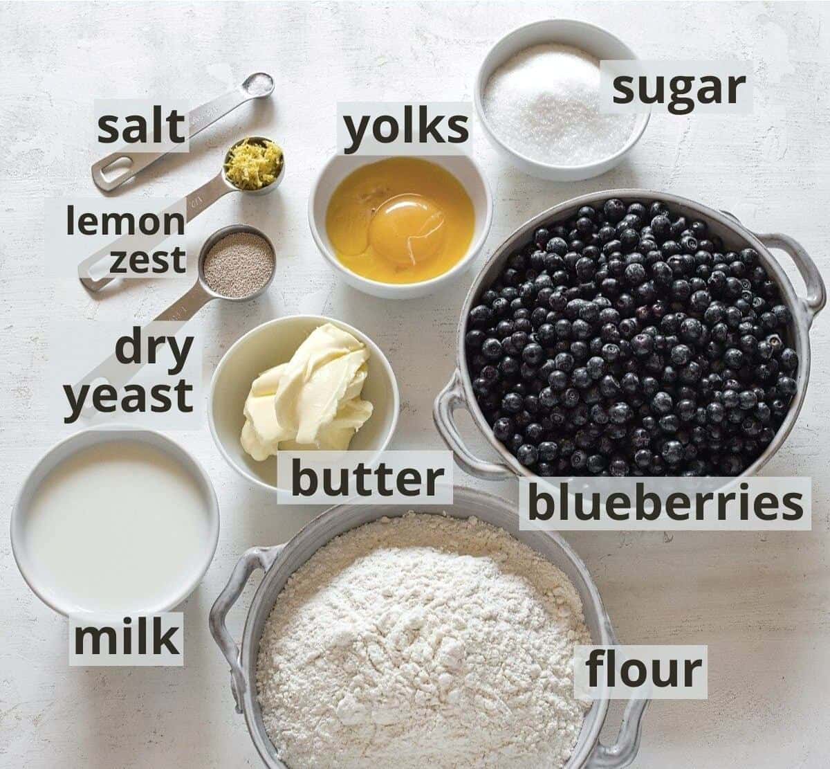 Ingredients for yeast blueberry sheet cake, with captions. 