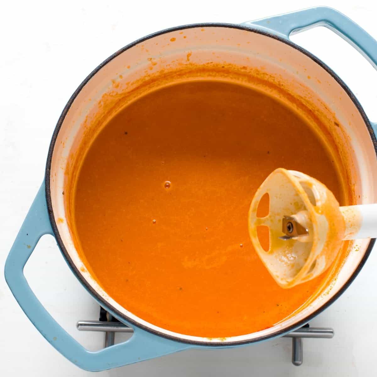 Tomato soup blended with immersion stick blender.