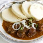 Czech goulash served with dumplings.