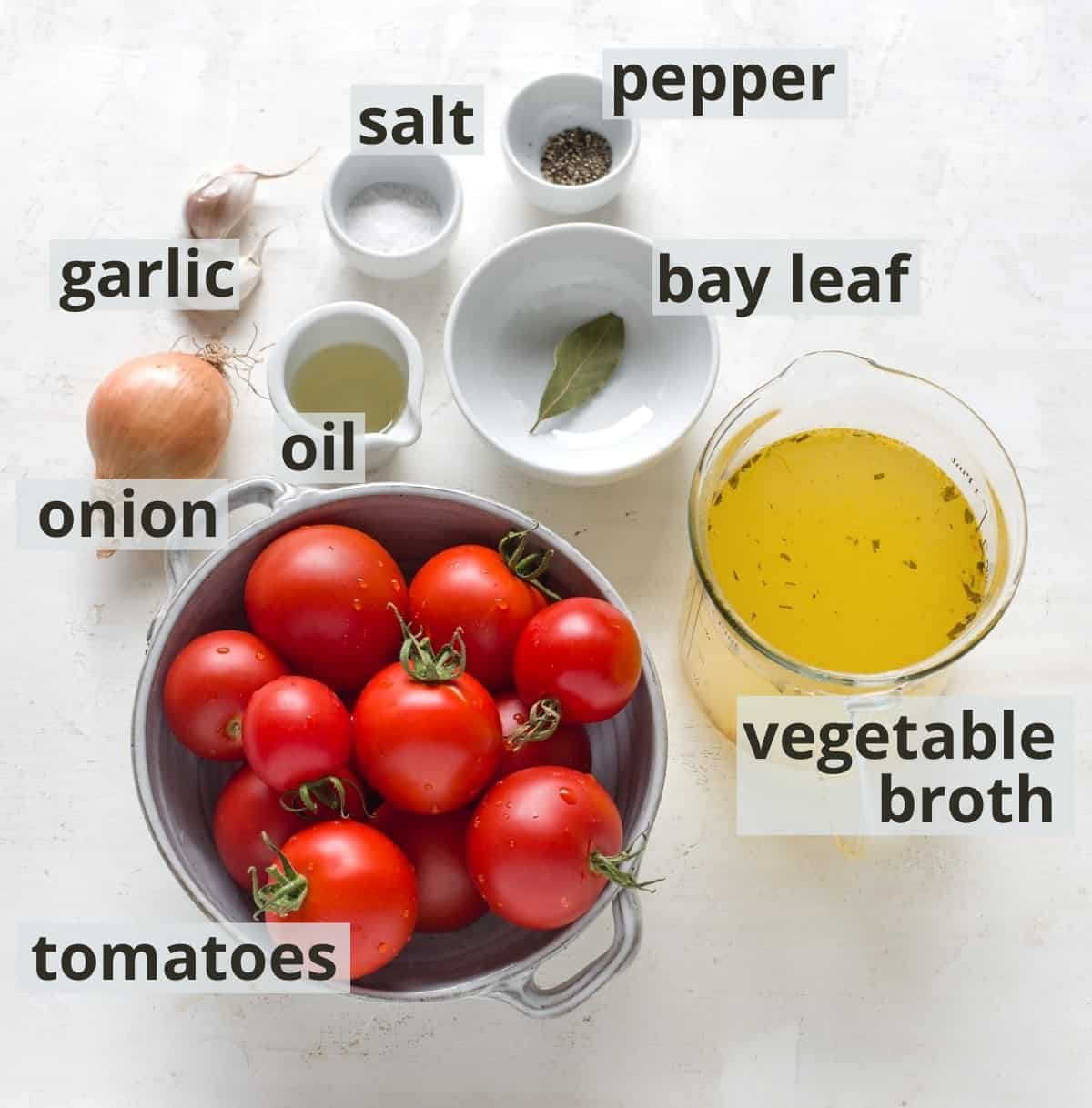 Fresh tomato soup ingredients inclusive captions.