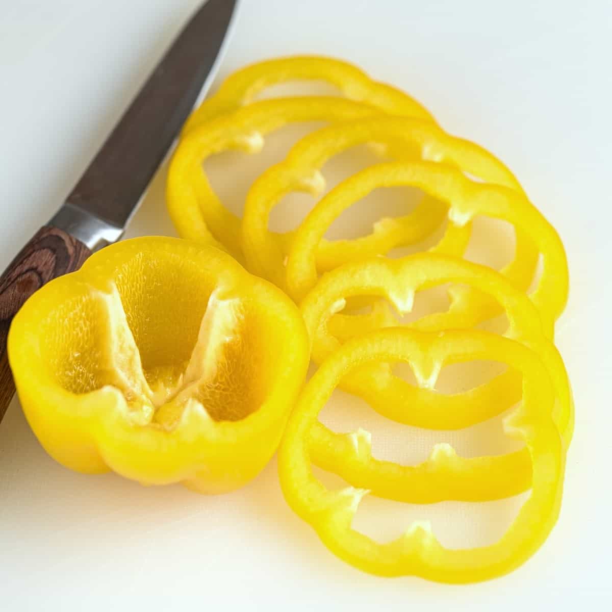 Yellow bell paprika sliced into rings.
