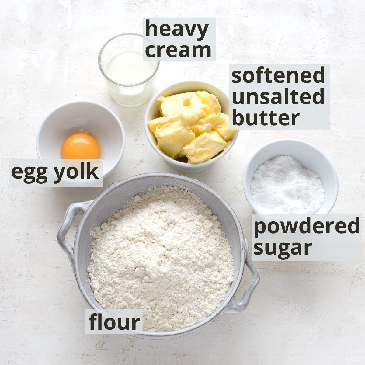 Ingredients for cookies made with heavy cream, inclusive captions.