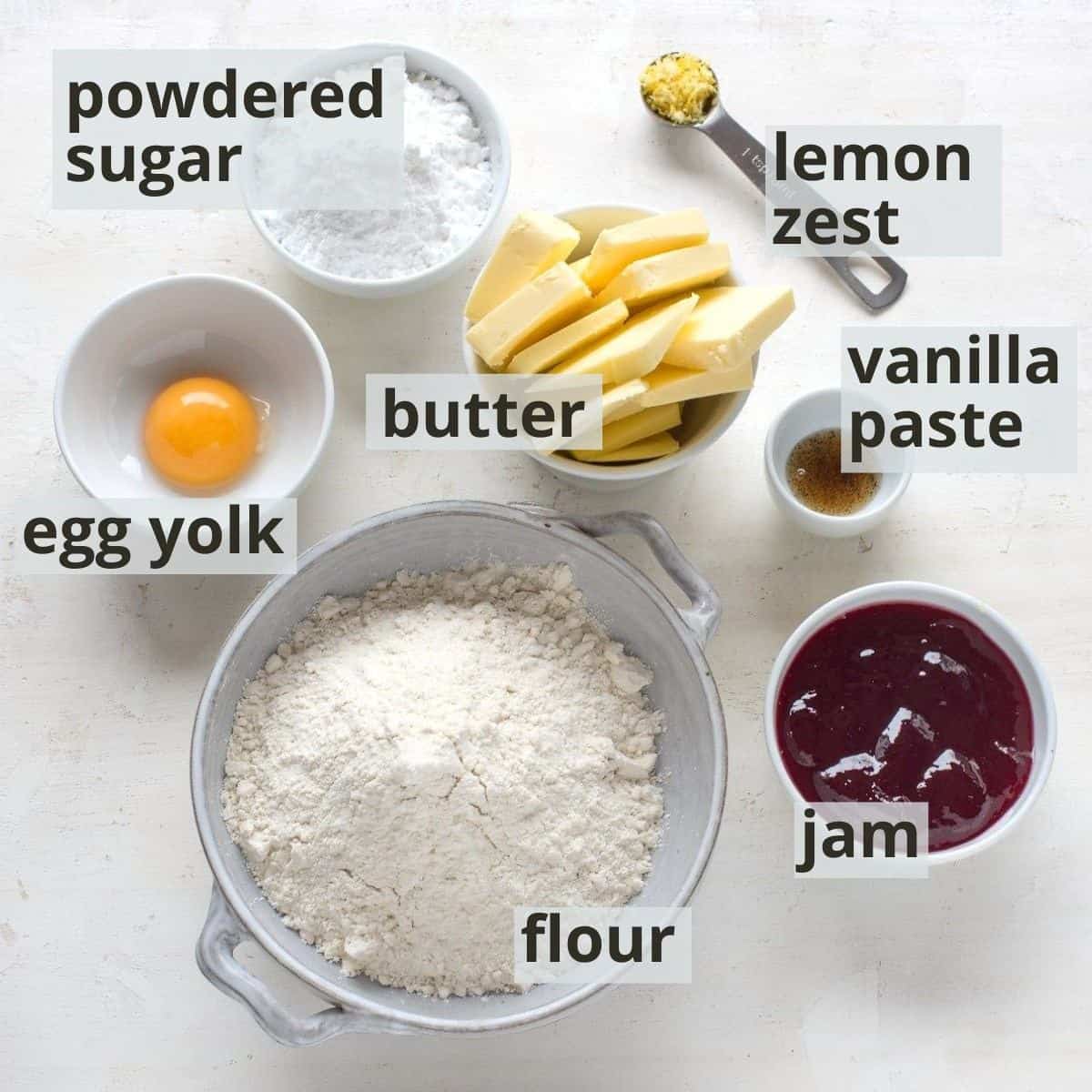 Ingredients for Linzer cookies (Czech linecke cukrovi), inclusive captions.
