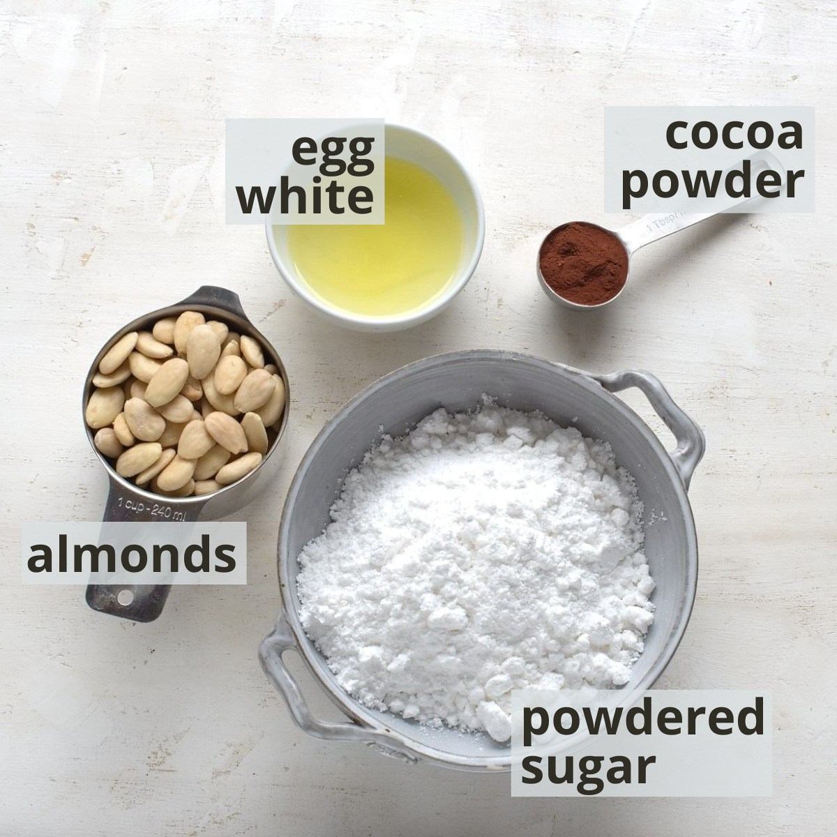 Ingredients to make marzipan dough, with captions.