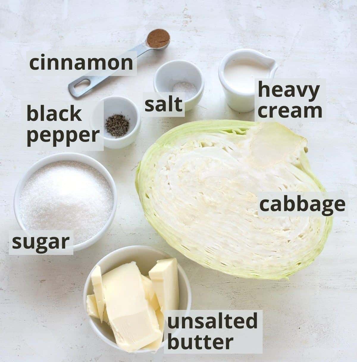 Ingredients for sweet cabbage filling inclusive captions.
