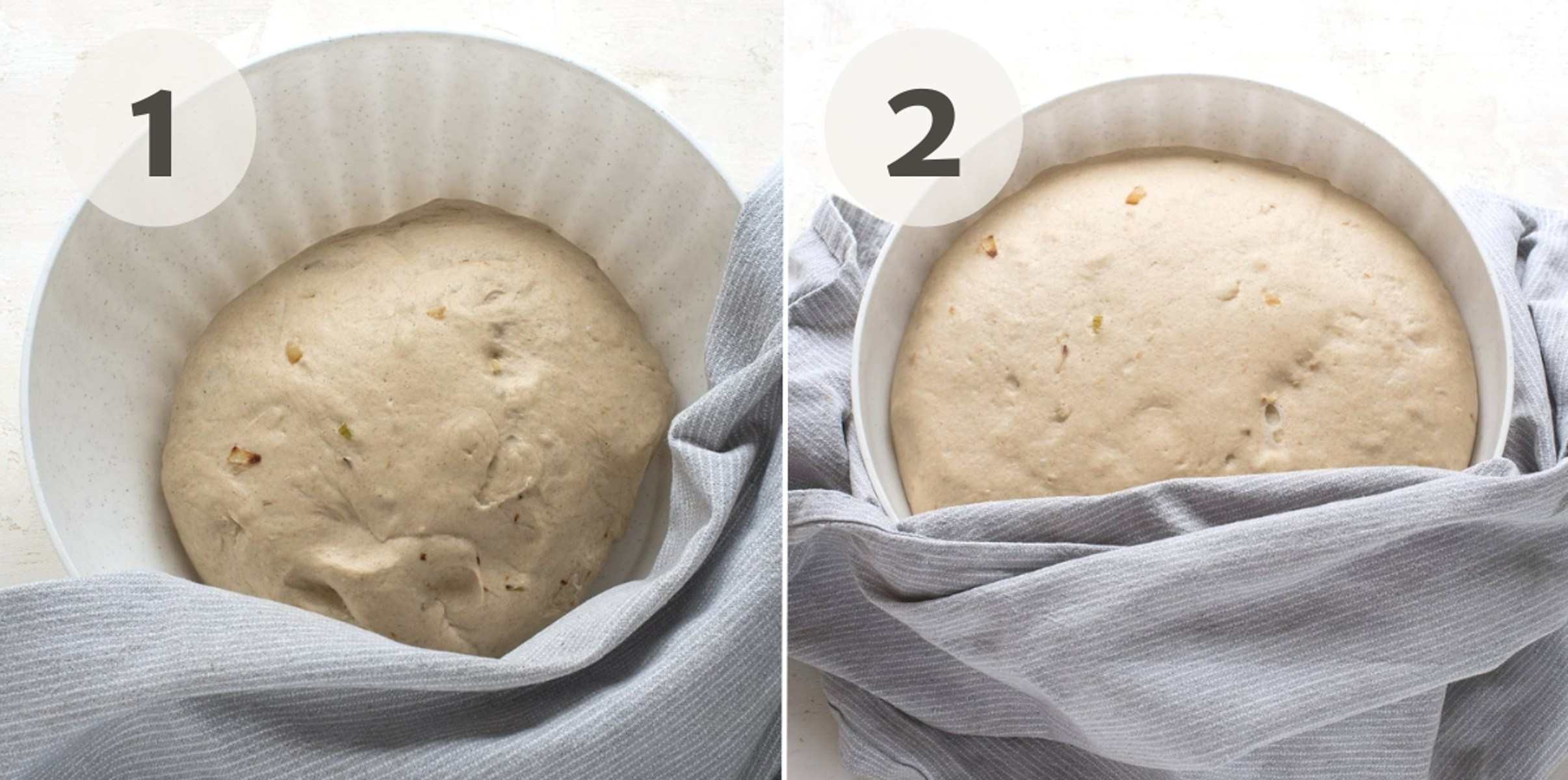 Two pictures showing yeast dough freshly kneaded and after doubled in size after rising, in a white bowl, partly covered with a grey tea towel.