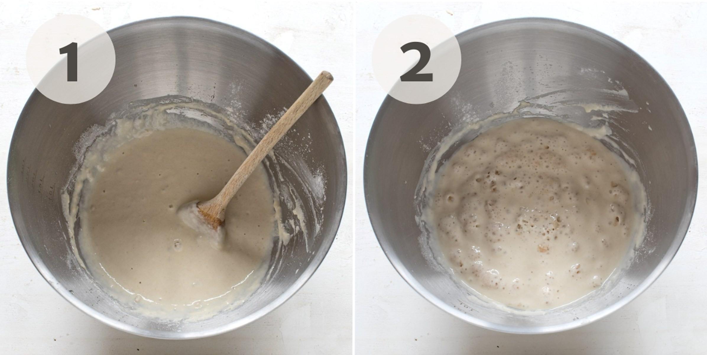Two pictures showing yeast starter. On the first picture after stirring dry yeast, flour and water, on the second picture blooming yeast.