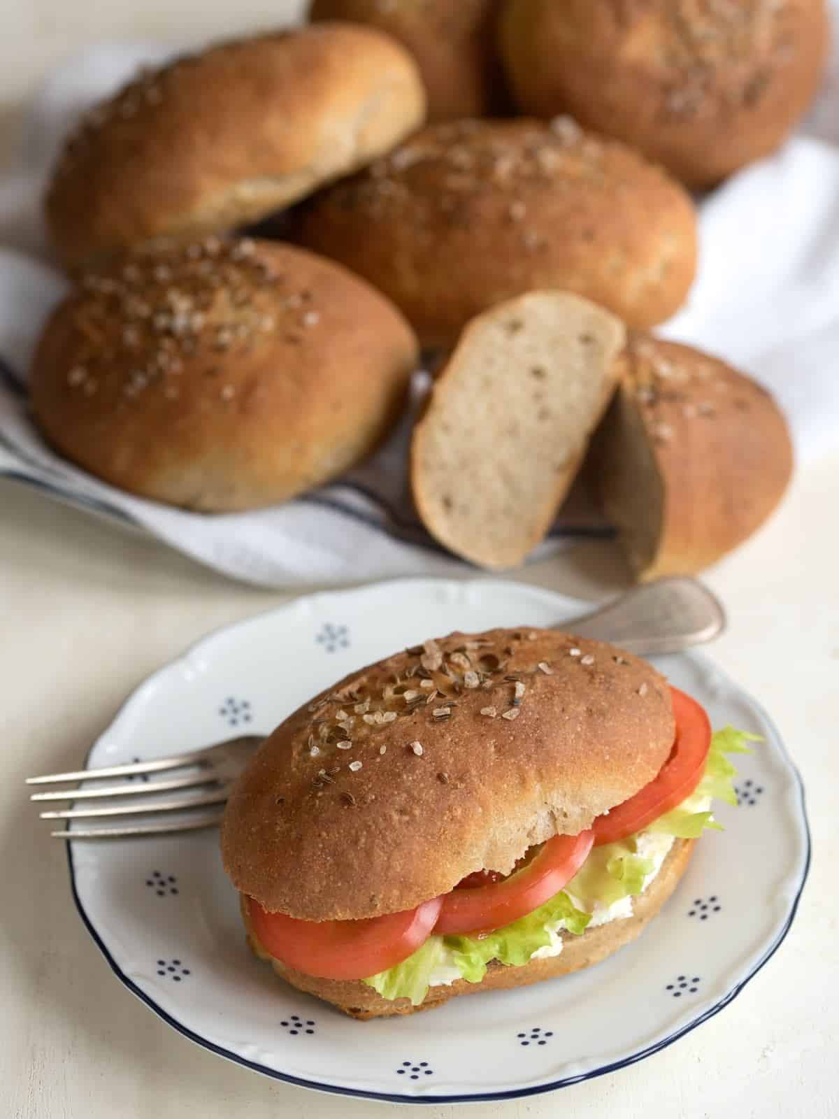 Sandwich made from a rye roll.