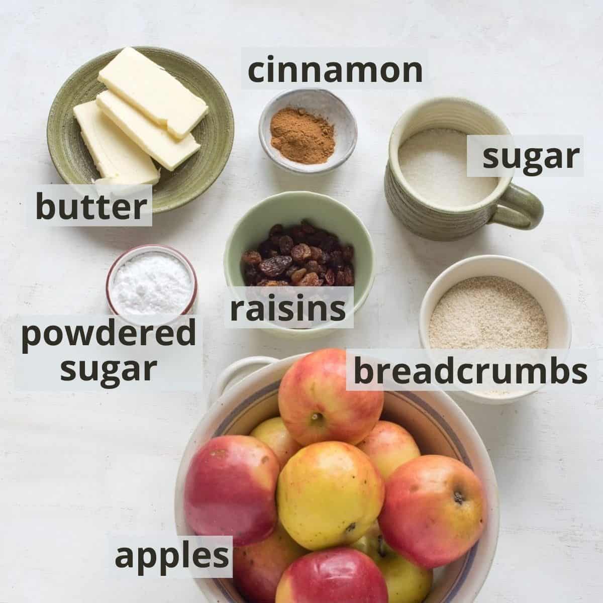Ingredients for apple strudel filling, inclusive captions.