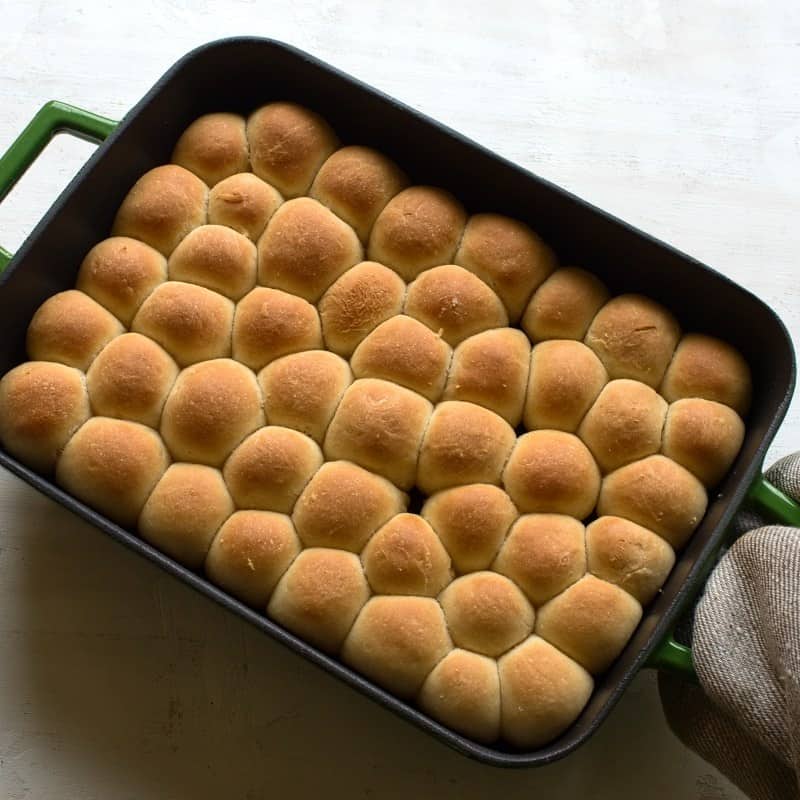 Baked bobalki balls in a baking dish.