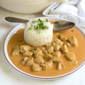 Chicken breast paprikash with steamed rice.