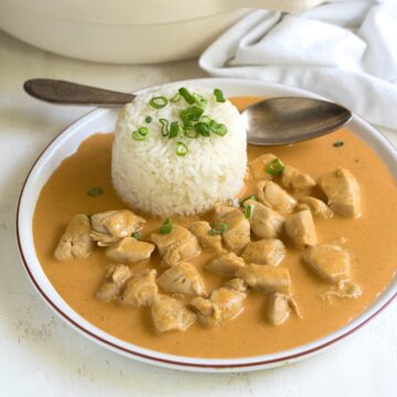 Chicken breast paprikash with steamed rice.