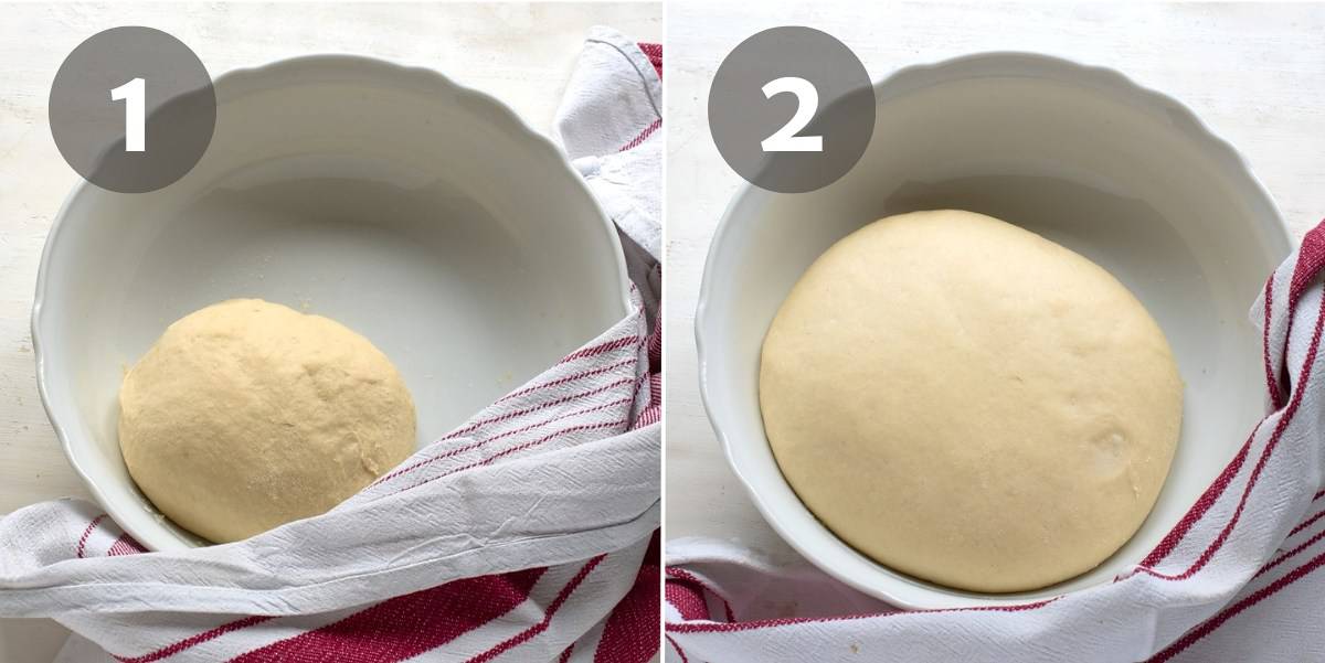 Bobalki dough, state before and after rising.