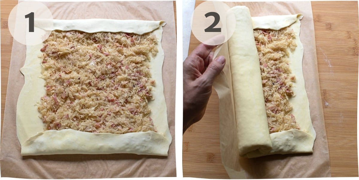 Pictures of rolling up a strudel with sauerkraut filling.