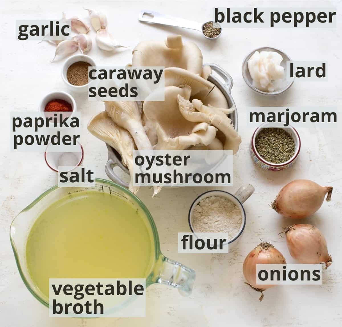 Oyster mushroom ingredients, inclusive captions.