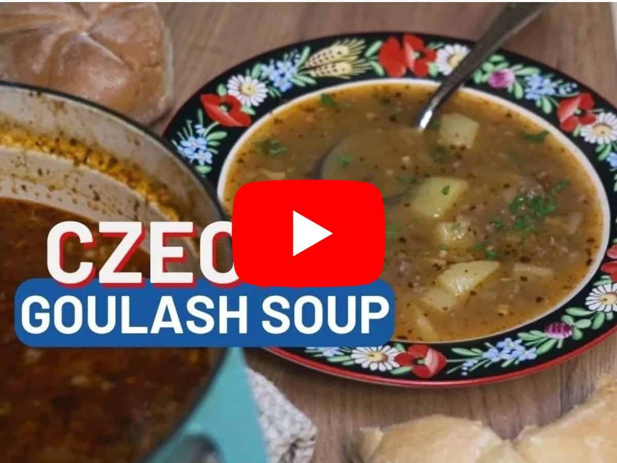 Photo of a bowl of Czech goulash soup. link to a video recipe on Youtube Channel.