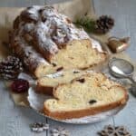Czech Houska braided Christmas bread, two slices on a plate.